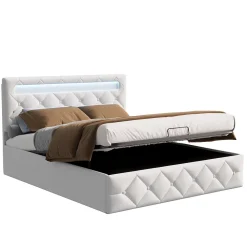 Lit d'ameublement 140x200, lit double LED avec espace de stockage et cadre à latte,sans matelas,abricot