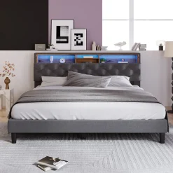 Lit Déco 140 x 200 Cm - Lit Double Capitonné avec Tête de Lit Coffre - Bois Massif et Lin - Sans Matelas - Gris