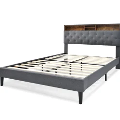 Lit Déco 140 x 200 Cm - Lit Double Capitonné avec Tête de Lit Coffre - Bois Massif et Lin - Sans Matelas - Gris