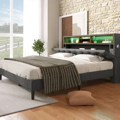 Lit Déco 140 x 200 Cm - Lit Double Capitonné avec Tête de Lit Coffre - Bois Massif et Lin - Sans Matelas - Gris