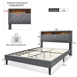 Lit Déco 140 x 200 Cm - Lit Double Capitonné avec Tête de Lit Coffre - Bois Massif et Lin - Sans Matelas - Gris