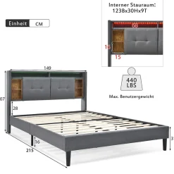 Lit Déco 140 x 200 Cm - Lit Double avec Chargement USB et LED - Bois Massif, Lin et Métal - Sans Matelas - Gris