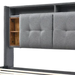 Lit Déco 140 x 200 Cm - Lit Double avec Chargement USB et LED - Bois Massif, Lin et Métal - Sans Matelas - Gris