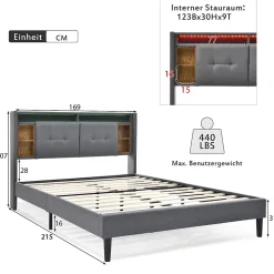 Lit Déco 160 x 200 Cm - Lit Double avec Chargement USB et LED - Bois Massif, Lin et Métal - Sans Matelas - Gris