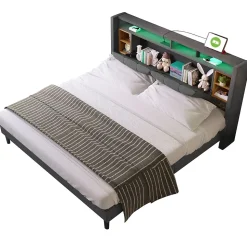 Lit Déco 160 x 200 Cm - Lit Double avec Chargement USB et LED - Bois Massif, Lin et Métal - Sans Matelas - Gris
