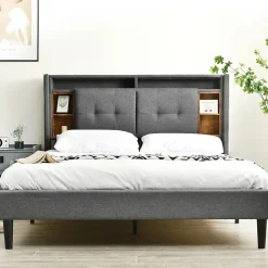 Lit Déco 160 x 200 Cm - Lit Double avec Chargement USB et LED - Bois Massif, Lin et Métal - Sans Matelas - Gris