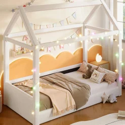 Lit de jour rembourré 90x200 cm, éclairage LED - beige