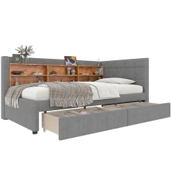 Lit de jour 90x200 cm, 2 tiroirs, USB/Type-C, rangement, lattes, lin - gris