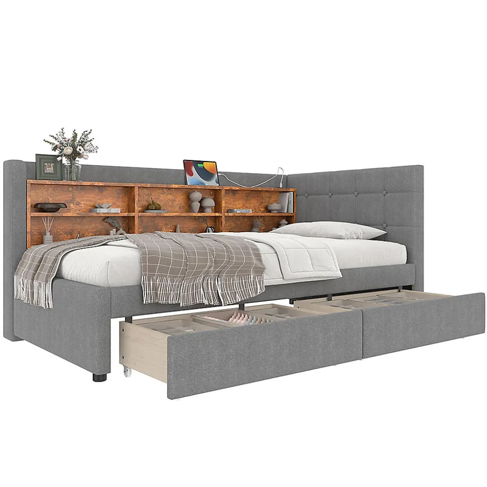 Lit de jour 90x200 cm, 2 tiroirs, USB/Type-C, rangement, lattes, lin - gris