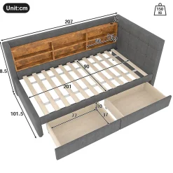 Lit de jour 90x200 cm, 2 tiroirs, USB/Type-C, rangement, lattes, lin - gris