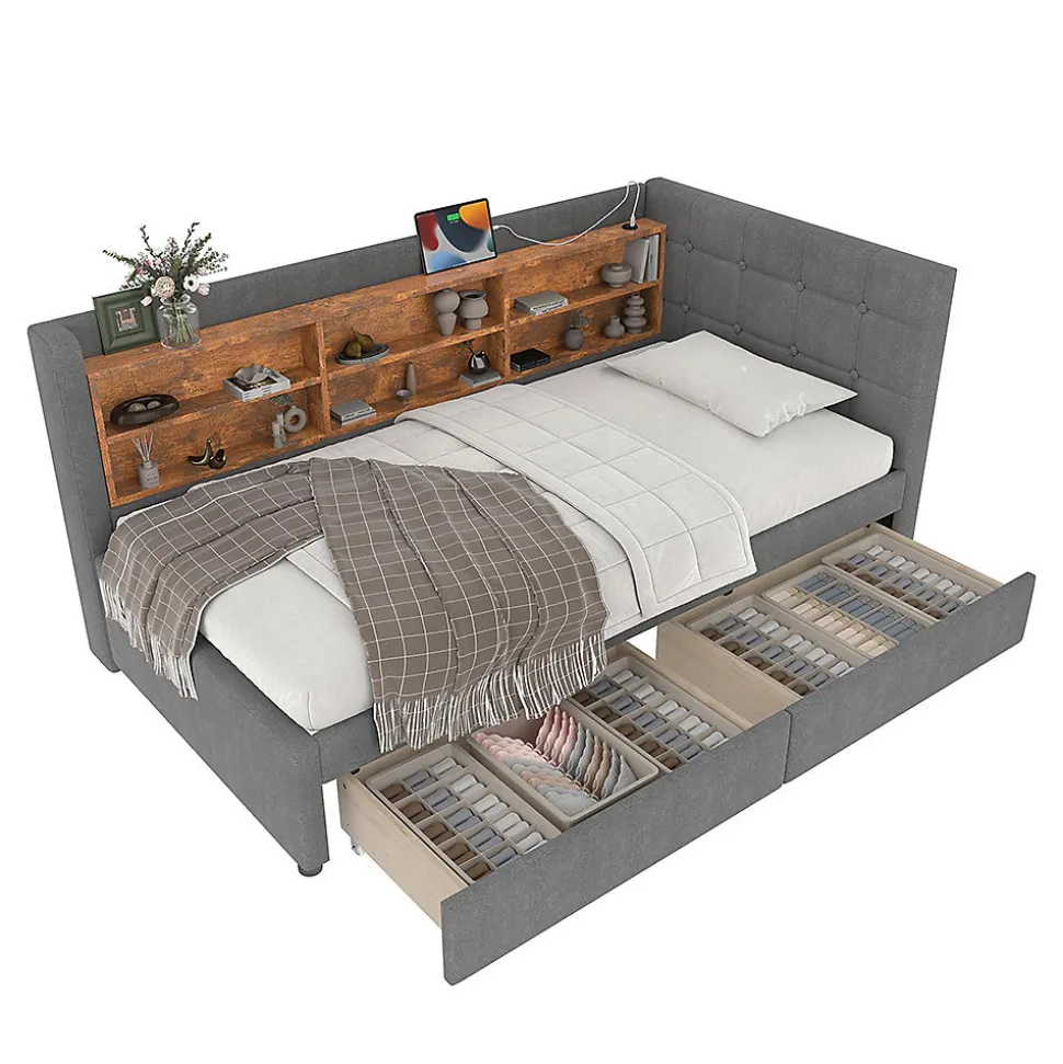 Lit de jour 90x200 cm, 2 tiroirs, USB/Type-C, rangement, lattes, lin - gris