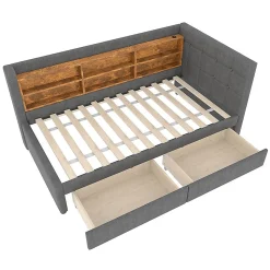 Lit de jour 90x200 cm, 2 tiroirs, USB/Type-C, rangement, lattes, lin - gris