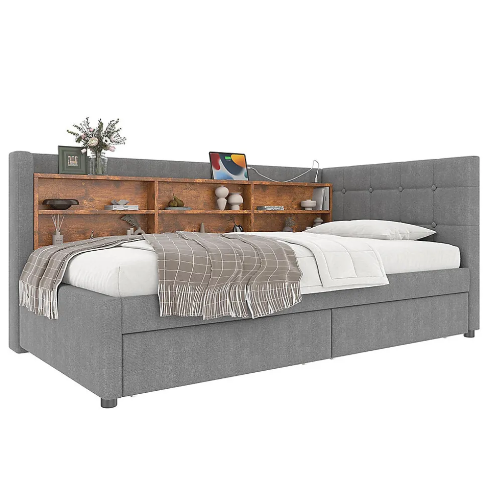 Lit de jour 90x200 cm, 2 tiroirs, USB/Type-C, rangement, lattes, lin - gris