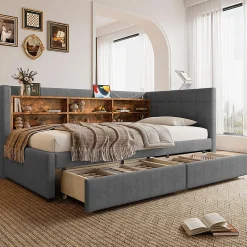 Lit de jour 90x200 cm, 2 tiroirs, USB/Type-C, rangement, lattes, lin - gris