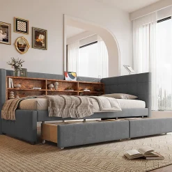 Lit de jour 90x200 cm, 2 tiroirs, USB/Type-C, rangement, lattes, lin - gris