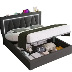 lit de rangement 160x200 cm lit rembourré lit eclairage led avec fonction de chargement usb type c lit double lin gris