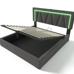 lit de rangement 160x200 cm lit rembourré lit eclairage led avec fonction de chargement usb type c lit double lin gris
