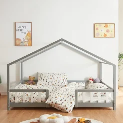Lit d'Enfant Forme Maison avec Grille de Protection Treviolo 200 x 140 cm gris en.casa