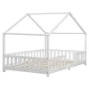 Lit d'Enfant Forme Maison avec Grille de Protection Treviolo 200 x 120 cm Blanc Mat Laqué en.casa