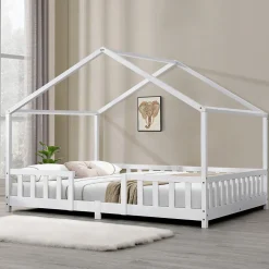 Lit d'Enfant Forme Maison avec Grille de Protection Treviolo 200 x 120 cm Blanc Mat Laqué en.casa