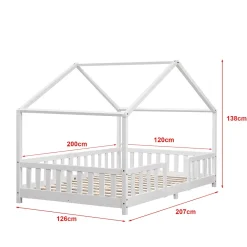 Lit d'Enfant Forme Maison avec Grille de Protection Treviolo 200 x 120 cm Blanc Mat Laqué en.casa