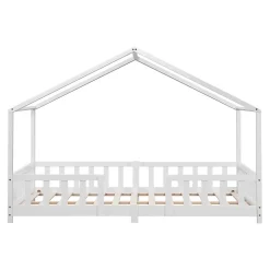 Lit d'Enfant Forme Maison avec Grille de Protection Treviolo 200 x 120 cm Blanc Mat Laqué en.casa