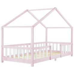 Lit d'Enfant Forme Maison avec Grille de Protection Treviolo 200 x 90 cm Rose Blanc Mat Laqué en.casa