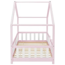 Lit d'Enfant Forme Maison avec Grille de Protection Treviolo 200 x 90 cm Rose Blanc Mat Laqué en.casa