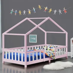 Lit d'Enfant Forme Maison avec Grille de Protection Treviolo 200 x 90 cm Rose Blanc Mat Laqué en.casa