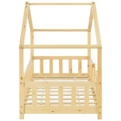 Lit d'Enfant Forme Maison avec Grille de Protection Treviolo 160 x 80 cm Bois Naturel en.casa