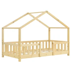 Lit d'Enfant Forme Maison avec Grille de Protection Treviolo 160 x 80 cm Bois Naturel en.casa