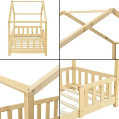 Lit d'Enfant Forme Maison avec Grille de Protection Treviolo 160 x 80 cm Bois Naturel en.casa