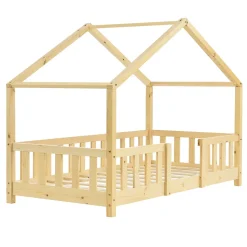 Lit d'Enfant Forme Maison avec Grille de Protection Treviolo 160 x 80 cm Bois Naturel en.casa