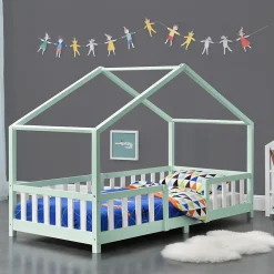 Lit d'Enfant Forme Maison avec Grille de Protection Treviolo 200 x 90 cm Menthe Blanc Mat Laqué en.casa