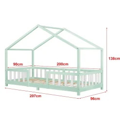 Lit d'Enfant Forme Maison avec Grille de Protection Treviolo 200 x 90 cm Menthe Blanc Mat Laqué en.casa