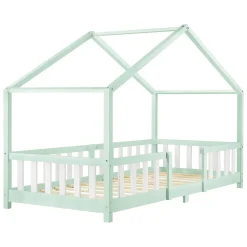 Lit d'Enfant Forme Maison avec Grille de Protection Treviolo 200 x 90 cm Menthe Blanc Mat Laqué en.casa