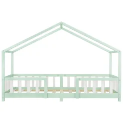 Lit d'Enfant Forme Maison avec Grille de Protection Treviolo 200 x 90 cm Menthe Blanc Mat Laqué en.casa