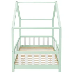 Lit d'Enfant Forme Maison avec Grille de Protection Treviolo 200 x 90 cm Menthe Blanc Mat Laqué en.casa