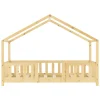Lit d'Enfant Forme Maison avec Grille de Protection Treviolo 140 x 70 cm Bois Naturel en.casa