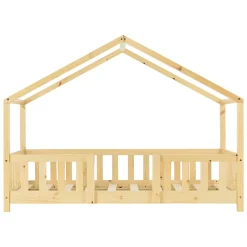 Lit d'Enfant Forme Maison avec Grille de Protection Treviolo 140 x 70 cm Bois Naturel en.casa