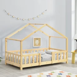 Lit d'Enfant Forme Maison avec Grille de Protection Treviolo 140 x 70 cm Bois Naturel en.casa
