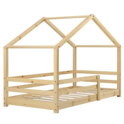 Lit d'Enfant Maison avec Barreaux de Sécurité Knätten Pin 90 x 200 cm Bois Naturel en.casa