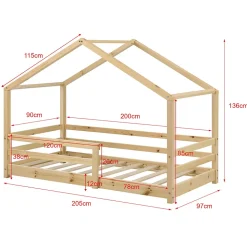 Lit d'Enfant Maison avec Barreaux de Sécurité Knätten Pin 90 x 200 cm Bois Naturel en.casa