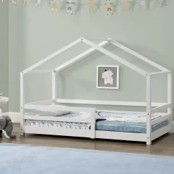 Lit d'Enfant Maison avec Barreaux de Sécurité Knätten Pin 70 x 140 cm Blanc Mat Laqué en.casa