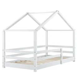 Lit d'Enfant Maison avec Barreaux de Sécurité Knätten Pin 70 x 140 cm Blanc Mat Laqué en.casa