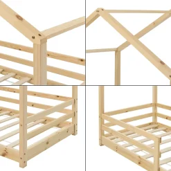 Lit d'Enfant Maison avec Barreaux de Sécurité Knätten Pin 70 x 140 cm Bois Naturel en.casa