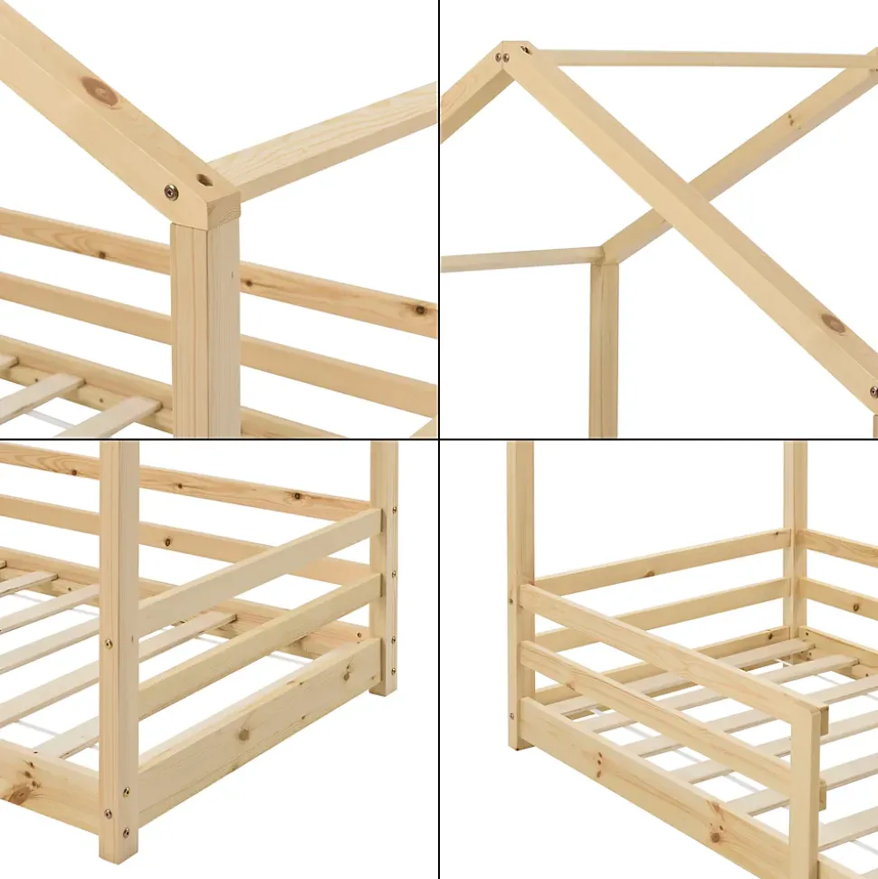 Lit d'Enfant Maison avec Barreaux de Sécurité Knätten Pin 70 x 140 cm Bois Naturel en.casa