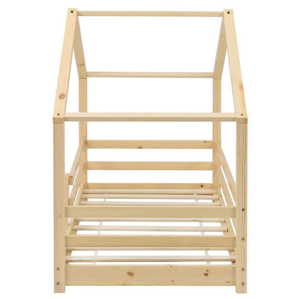 Lit d'Enfant Maison avec Barreaux de Sécurité Knätten Pin 70 x 140 cm Bois Naturel en.casa