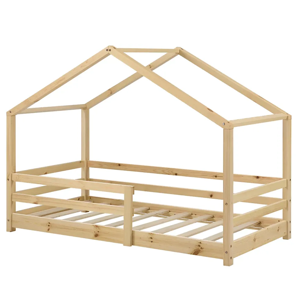 Lit d'Enfant Maison avec Barreaux de Sécurité Knätten Pin 70 x 140 cm Bois Naturel en.casa