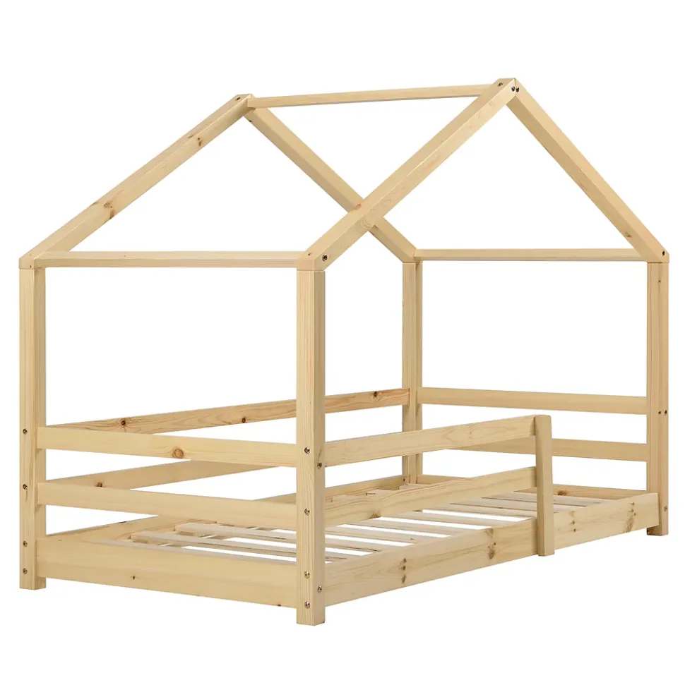 Lit d'Enfant Maison avec Barreaux de Sécurité Knätten Pin 70 x 140 cm Bois Naturel en.casa